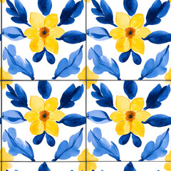 Fototapeta premium Blue and yellow tile hand drawn watercolor seamless pattern. Pattern of azulejos tiles