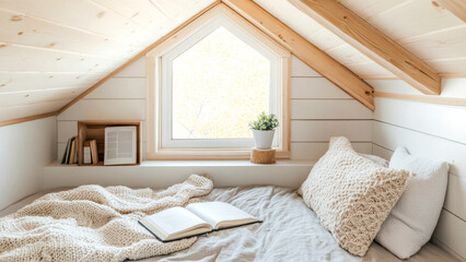 Bright attic room featuring a cozy bed and open book