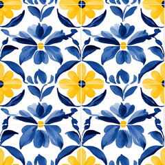 Blue and yellow tile hand drawn watercolor seamless pattern. Pattern of azulejos tiles