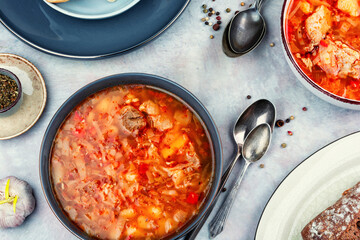 Bowl of delicious red beetroot soup borscht.