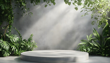 Circular Platform Surrounded By Lush Greenery Against A Grey Wall