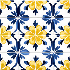 Blue and yellow tile hand drawn watercolor seamless pattern. Pattern of azulejos tiles