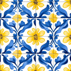 Blue and yellow tile hand drawn watercolor seamless pattern. Pattern of azulejos tiles