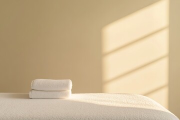 high quality stock photo of bright uncluttered spa room featuring single white towel neatly folded on massage table