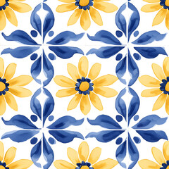 Fototapeta premium Blue and yellow tile hand drawn watercolor seamless pattern. Pattern of azulejos tiles