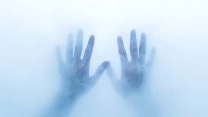 Two hands create a mysterious silhouette behind frosted glass