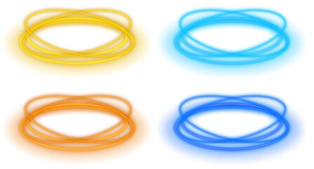 Set of neon magic oval ring frame glowing on transparent background with vibrant colors, png...