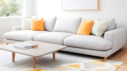 Contemporary living room featuring a gray sofa with orange pillows and a geometric rug