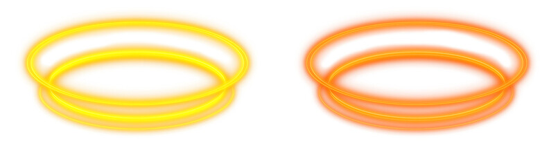 Neon double halo rings with glowing golden and orange colors, isolated element for divine, holy, aura, energy, magical, angelic or spiritual designs