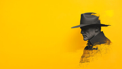 Distorted profile portrait of a mature man wearing a hat and trench coat on a vibrant yellow background with copy space