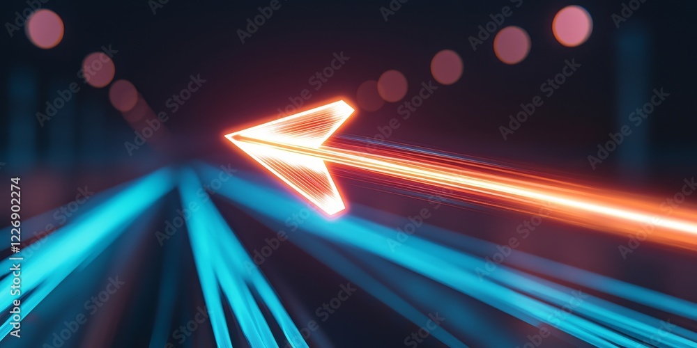 Poster focus on direction efficiency concept. dynamic arrow with glowing trails in a dark, futuristic setti