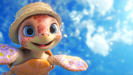 Smiling cartoon turtle with a straw hat against a bright blue water