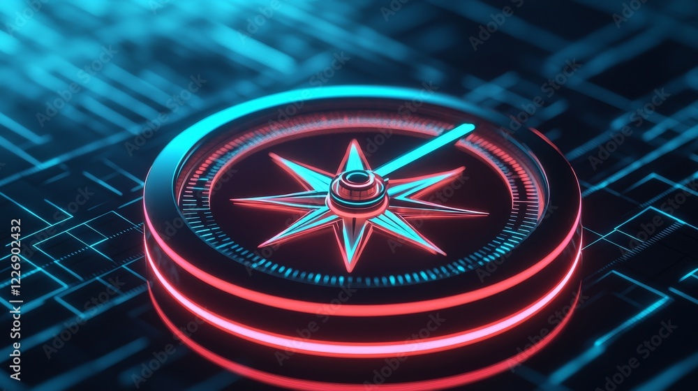 Poster focus on direction efficiency concept. futuristic compass design with glowing elements on a digital 
