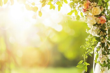 Obraz premium Spring Wedding Arch A wedding arch adorned with fresh flowers and greenery, set in a sunlit meadow