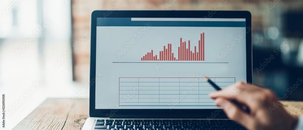 Poster cost of living and income concept. laptop displaying a data chart with a hand pointing at it.