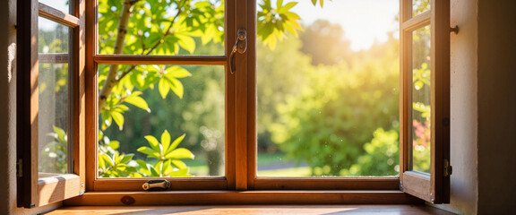 Sunlight streaming through antique window, serene garden view