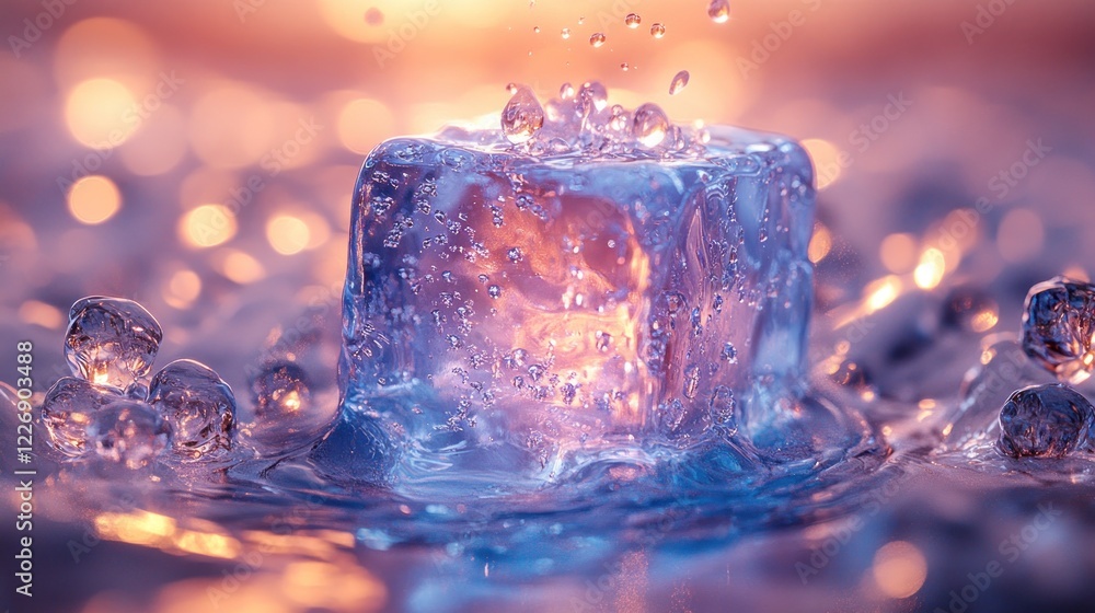 Poster ice cube splashing in water with colorful bokeh background