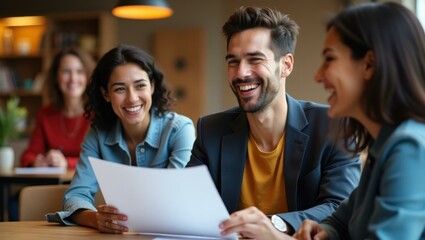 Man and woman are sitting at table with papers