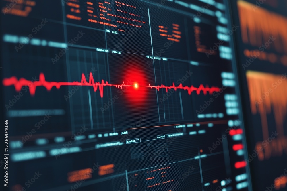 Poster risk of danger assessment concept. visual representation of a heartbeat waveform on a digital screen