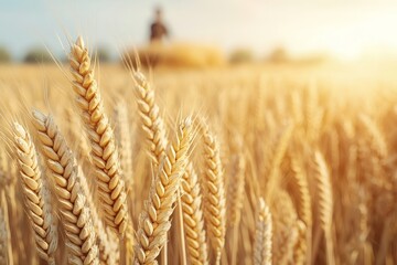 Fototapeta premium Economy with nature concept. Wheat field at sunset with close-up of golden stalks.