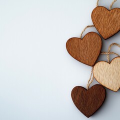 Sweet love banners Valentine concept. Wooden heart decorations on a light background.
