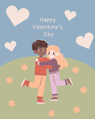 Flat-style illustration of a diverse couple hugging on a grassy hill with flowers and hearts, celebrating Valentine's Day and love. Perfect for greeting cards, romantic projects, and inclusivity theme