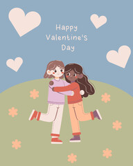 Flat-style illustration of an LGBT couple hugging on a grassy hill with hearts and flowers, celebrating love and diversity. Perfect for Valentine's Day, equality, and pride-themed designs.