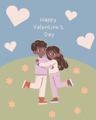 Charming flat-style illustration of a couple hugging with hearts and flowers on a grassy hill, perfect for Valentine's Day, romantic themes, and greeting cards.