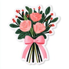 Valentine gift stickers. Bouquet of pink roses with greenery and ribbon.