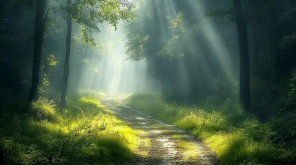 Obraz premium Exploring the tranquil forest path nature scene morning light serene environment peaceful view