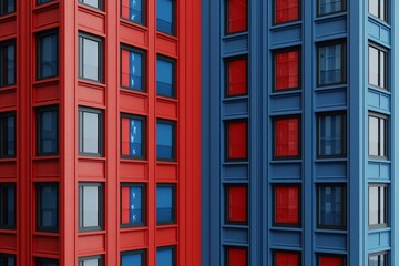Obraz premium Politics urban concept. Colorful building facade with contrasting red and blue sections.
