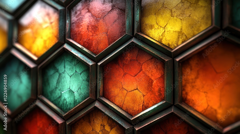 Poster colorful hexagonal patterns with textured surfaces and shadows