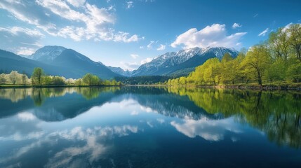 Fototapeta premium Calm lake reflecting mountains, spring trees, peaceful landscape, nature background, travel