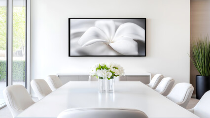 Modern conference room featuring white decor and floral artwork