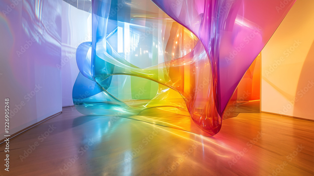 Poster vibrant display of colorful overlapping translucent shapes in modern art exhibition space. generativ