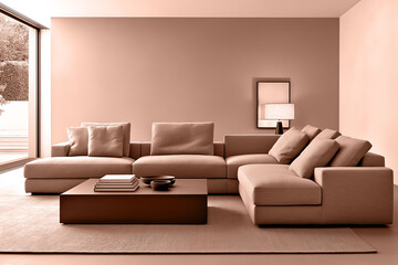 Chic living room with mocha mousse sofa sleek table and minimalist brown style. Modern trendy tone hue shade