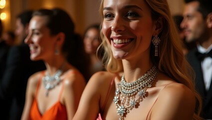 Woman is wearing necklace and earrings