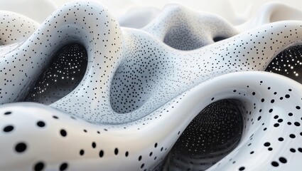 Obraz premium Abstract wave form. Close-up of undulating white surface with black dots and deep recesses, creating a sense of depth and texture.