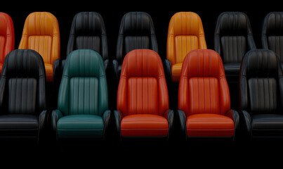 Obraz premium A Vibrant and Colorful Display of Modern Leather Chairs Arranged in a Stylish Row Against a Dark Background for Interior Design Inspiration