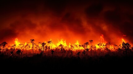 Night wildfire raging, forest burning, smoke-filled sky, environmental disaster