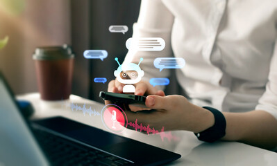 Voice or audio Chat bot service concept. Virtual assistant and CRM software automation technology....