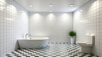 Checkered Bathroom Floor, White Tile Wall, Bright Interior Design