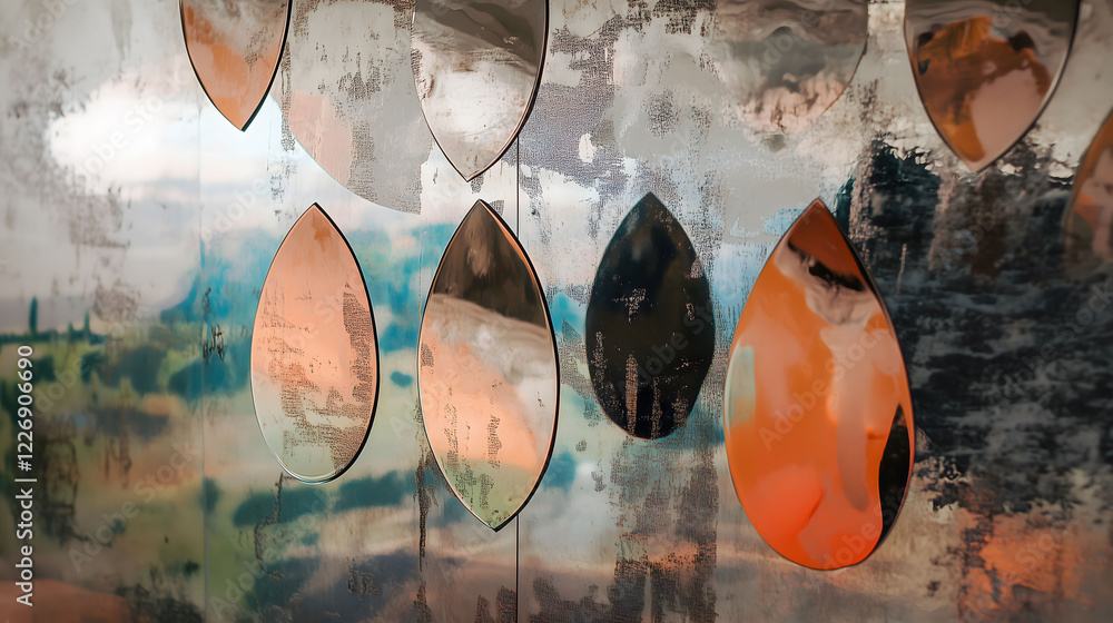 Aufkleber abstract metallic composition featuring reflective elements with a blurred landscape background. gen