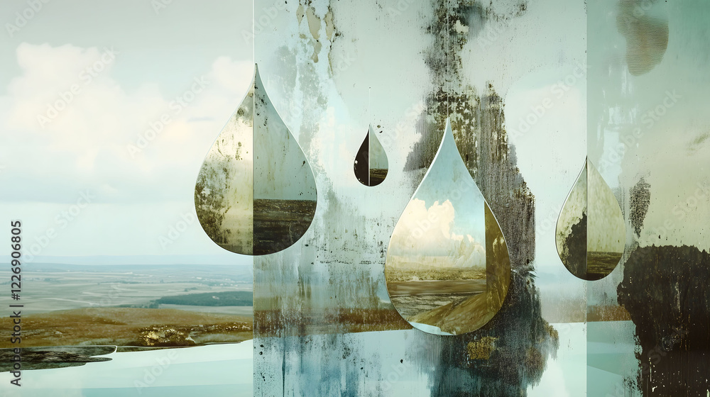 Aufkleber abstract composition with metallic shapes reflecting landscape in serene setting. generative ai
