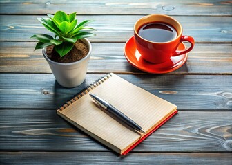 Coffee Break Workspace, Grey Wood Desk, Still Life