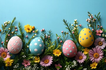 Happy Easter composition for easter design. Elegant Easter eggs and spring flowers on blue background. Flat lay, top view, copy space.