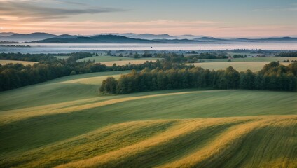 Obraz premium Misty sunrise over rolling hills