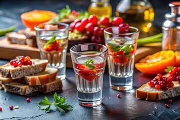 Cold Vodka & Snacks on Grey Table - Closeup, High Quality