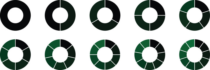 Set of infographic circle chart, pies segmented with equal parts. Infographic wheel segment. Circle section graph, Pie chart round. Pie chart divided 1, 2, 3, 4, 5, 6, 7, 8, 9, 10 equal parts © BRUSH STUDIO 🌍