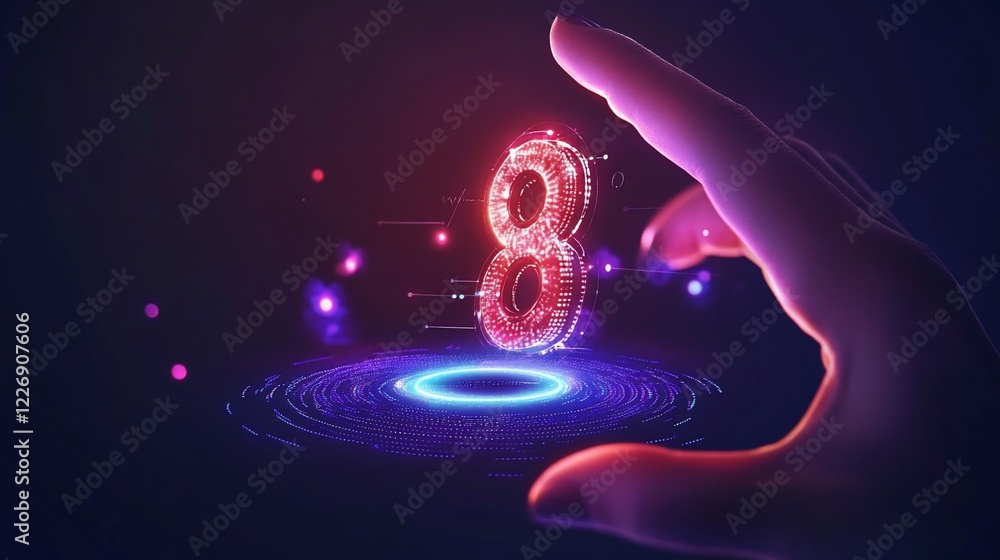 Poster futuristic glowing number eight with a hand and digital elements on a dark background